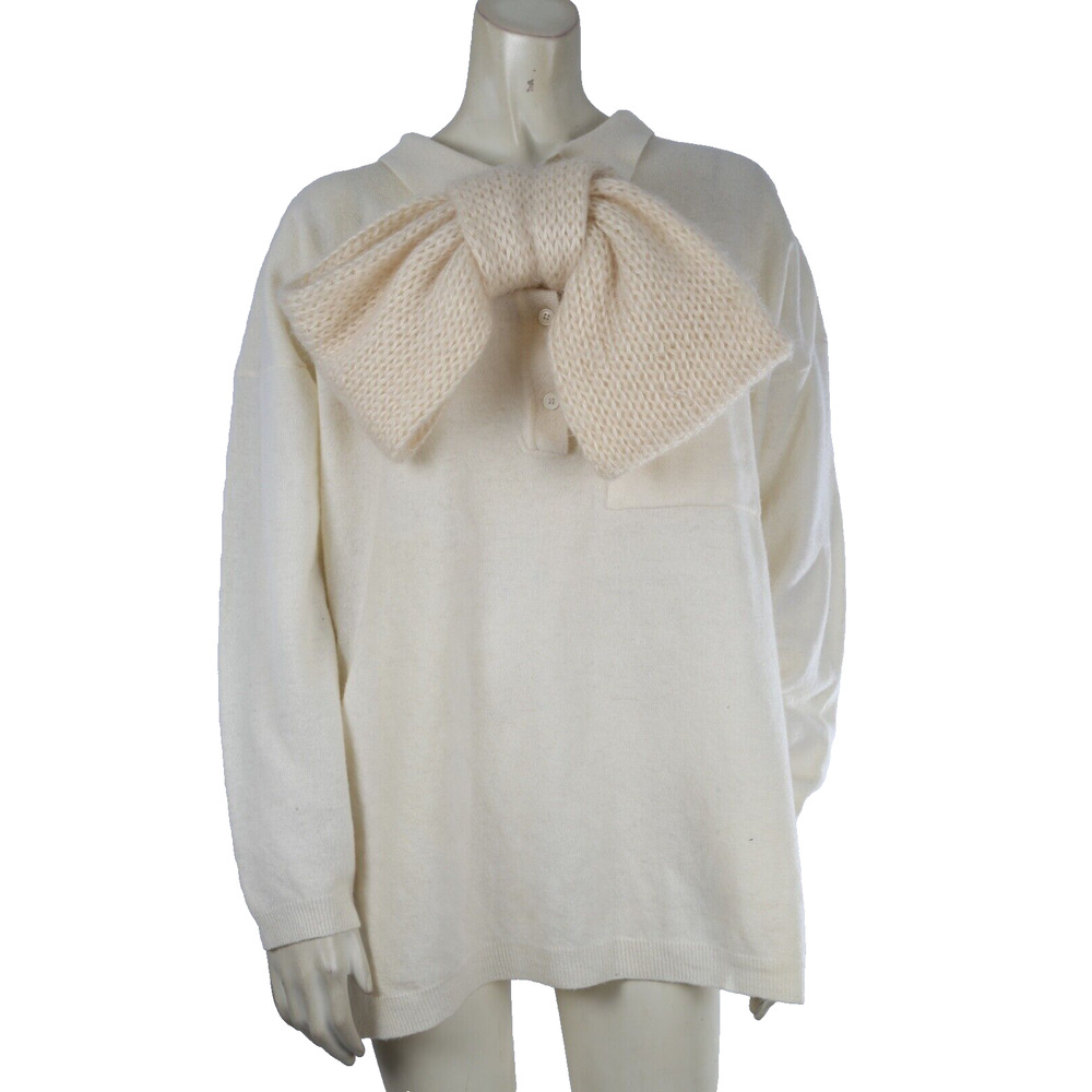 Vintage Cream Knit Wool Collar Removable Oversized Bow Brooch Sweater Size M